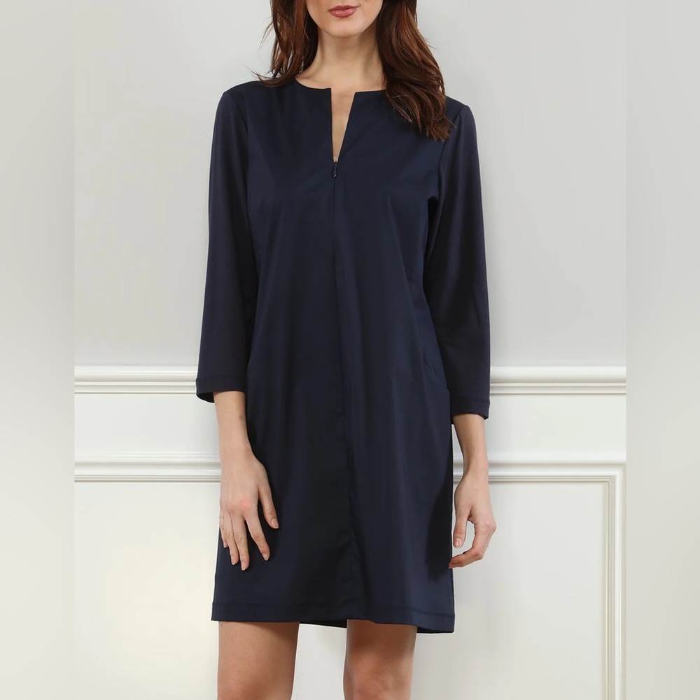 Hinson Wu Raquel Navy 3/4 Sleeve Woven/ Knit Mixed Dress-XS